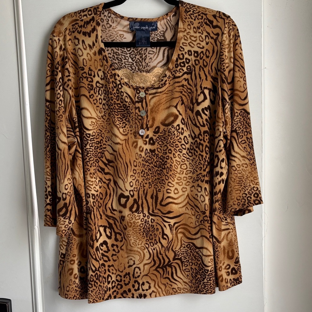 Susan Graver Animal Print Blouse in Brown and Tan